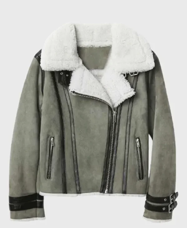 Women Soft Shearling Fur Collar Grey Jacket