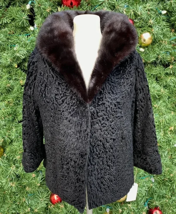 Women Vintage Real Persian Lamb Fur Black Jacket