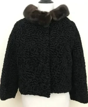 Women’s Mink Fur Collar Black Bomber Persian Lamb Fur Jacket