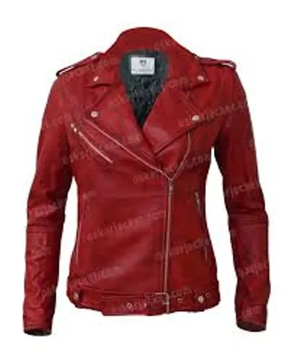 Womens Negan Red Biker Lambskin Leather Jacket