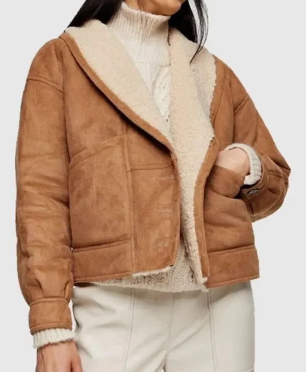 Womens Omega Faux Shearling Brown Leather Jacket