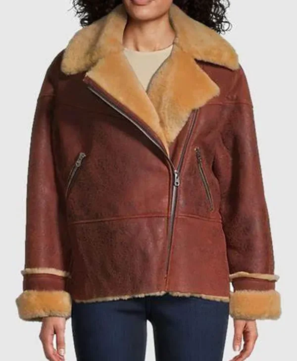 Womens Sandy Vegan Shearling Fur Brown Moto Jacket