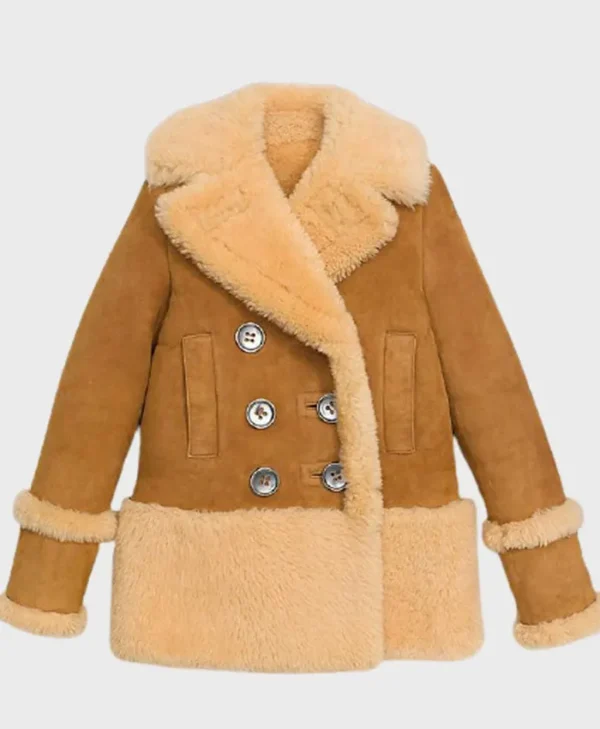 Womens Shearling Fur Brown Pea Coat