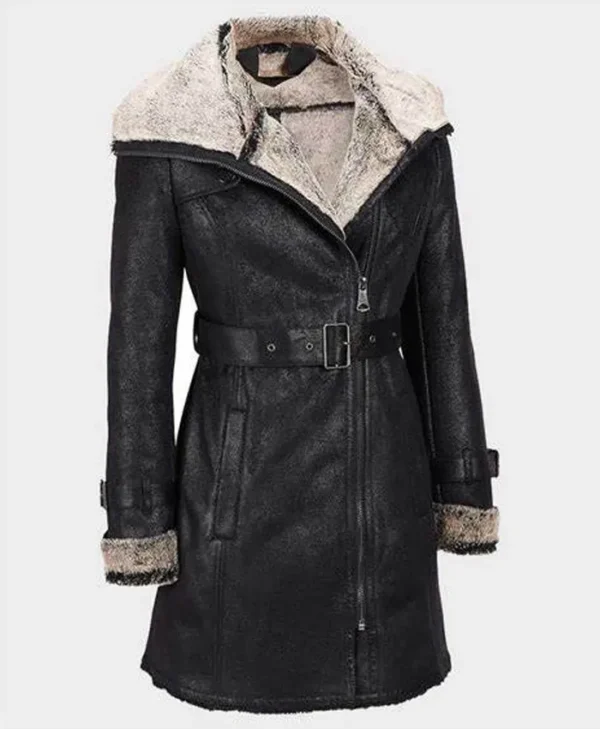 Womens Shearling Mid Length Leather Coat