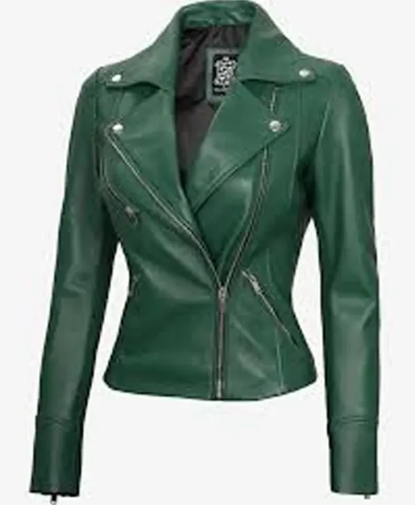 Womens Slim Fit Green Genuine Leather Biker Jacket