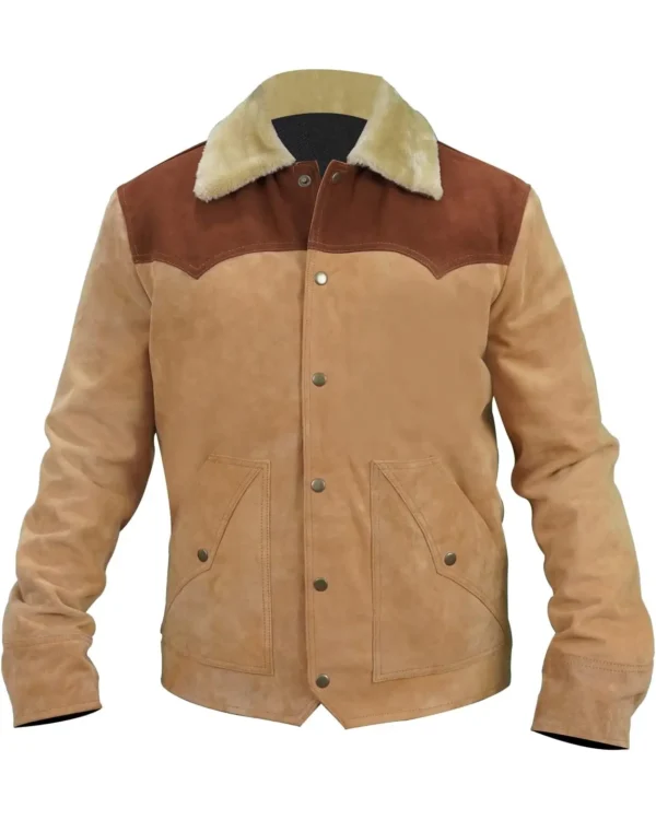 Yellowstone S03 Ep8 Kevin Costner Beige and Brown Leather Jacket