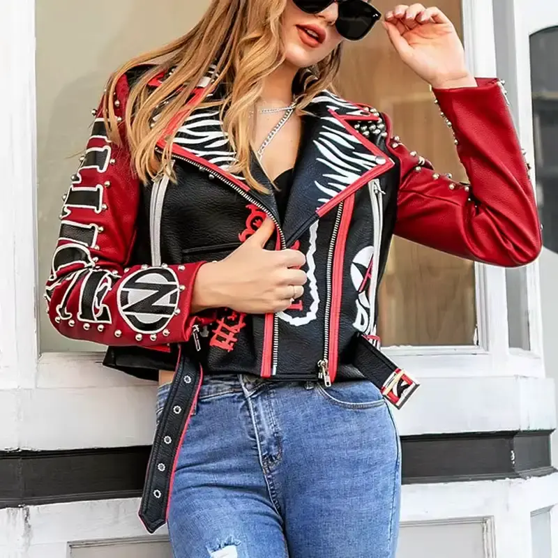 women printed leather jacket