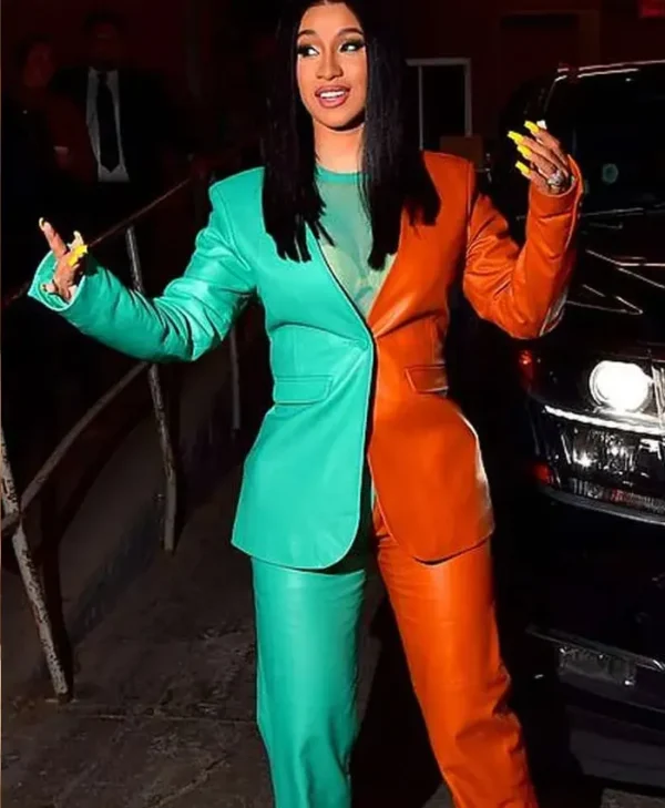 Cardi B Fashion Event Green and Brown Leather Suit