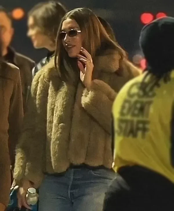 Hailey Bieber LA Concert Fur Jacket