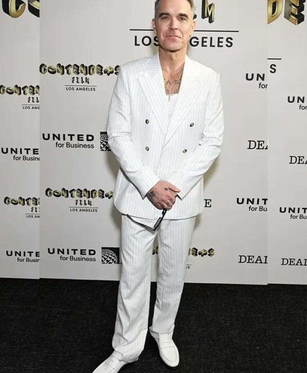 Robbie Williams Film Event White Suit