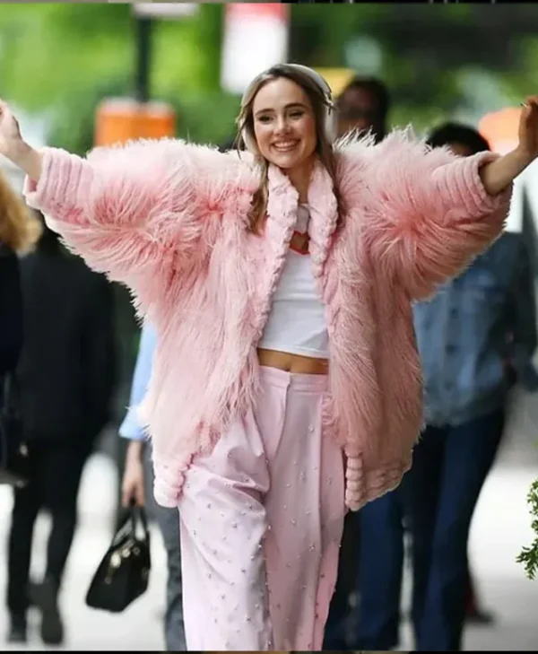 Suki Waterhouse Pink Fur Jacket