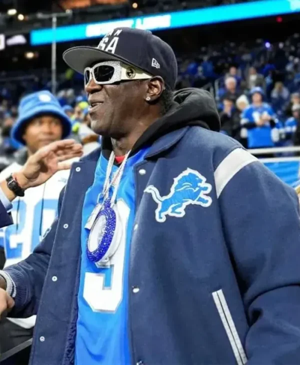 Flavor Flav Detroit Lions Blue Wool Bomber Jacket