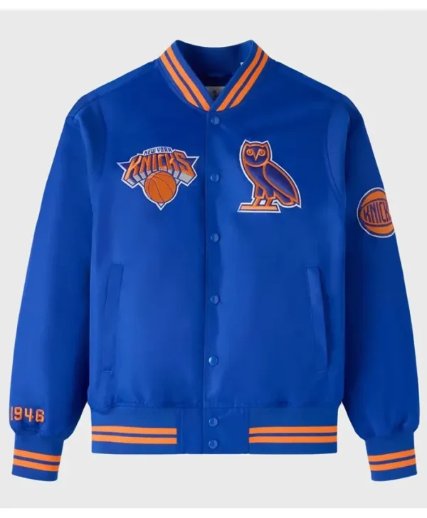 OVO NY Knicks Blue Satin Varsity Jacket