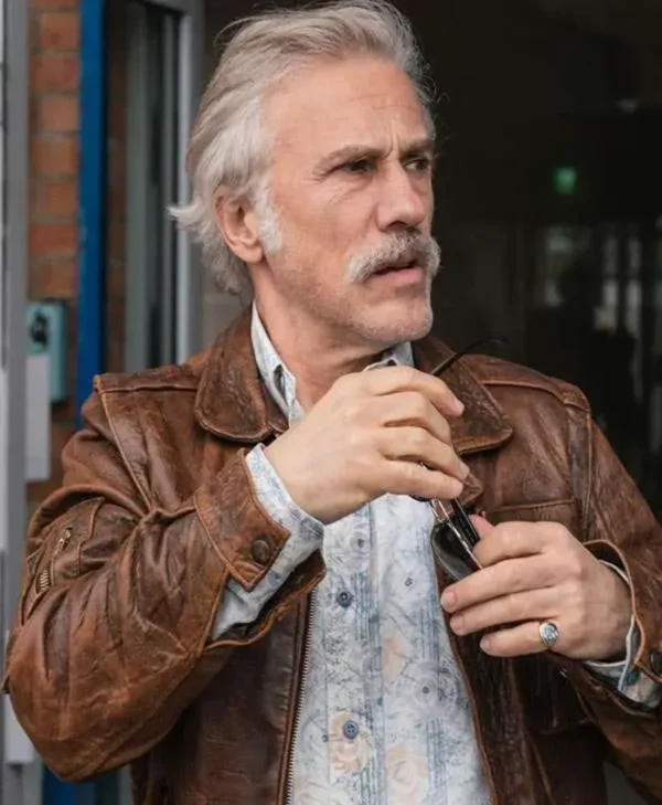 Old Guy 2025 Christoph Waltz Brown Leather Jacket