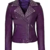 Women’s Purple Biker Studded Leather Zipper Jacket