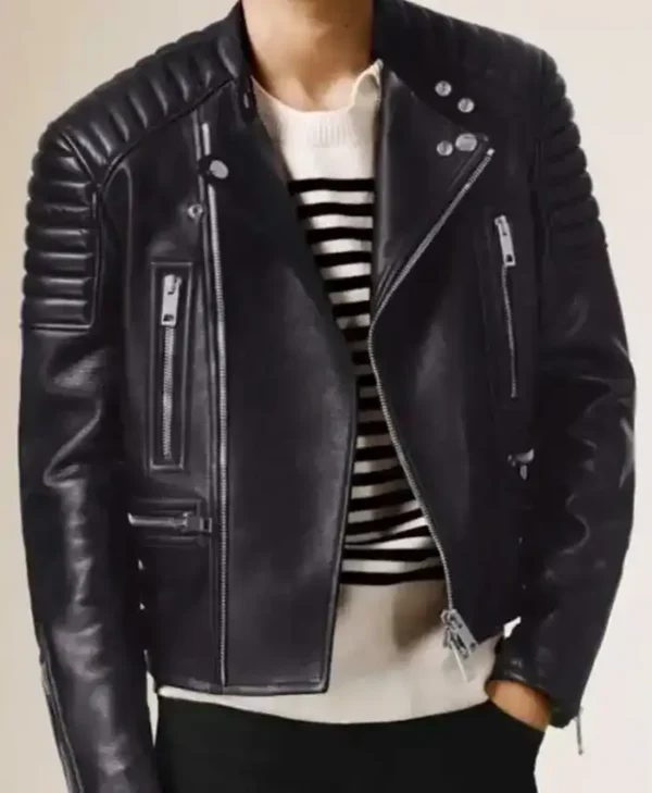 Asymmetrical Black Bikers Jacket Padded Shoulders