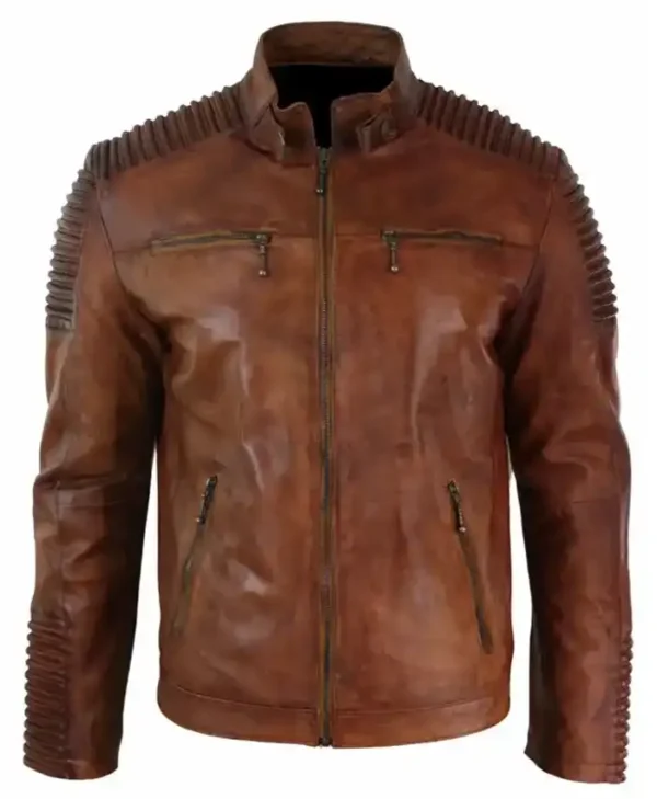 Brown Distressed Mens Biker Motorcycle Leather Jacket