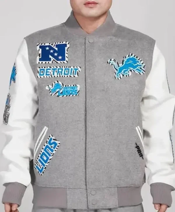 Detroit Lions Animal Patches Gray Wool Varsity Jacket