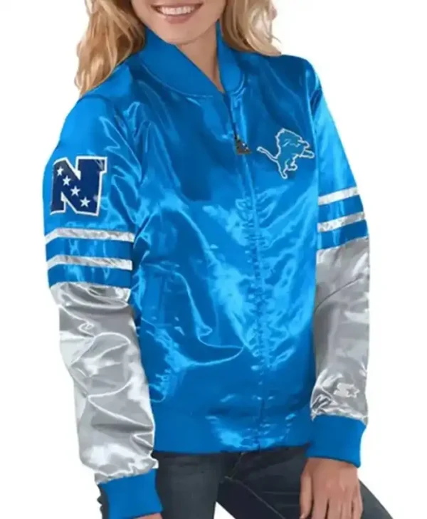 Detroit Lions Tie Breaker Blue Satin Varsity Jacket