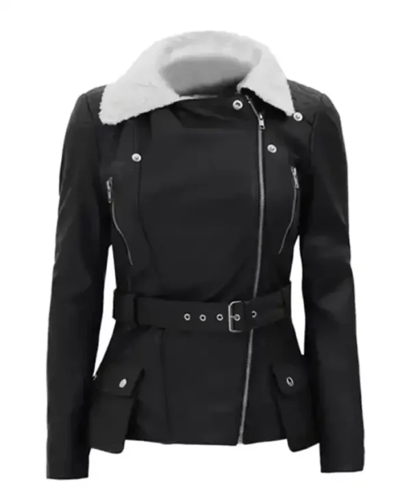 Kelli Shearling Leather Belted Black Biker Jacket