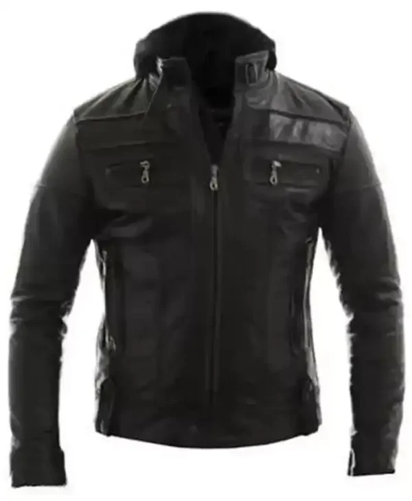 Leather Jacket Motorcycle Racing Style With Detach Hood