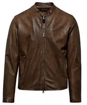 Leonardo Style Leather Brown Cafe Racer Snap Tab Collar Jacket