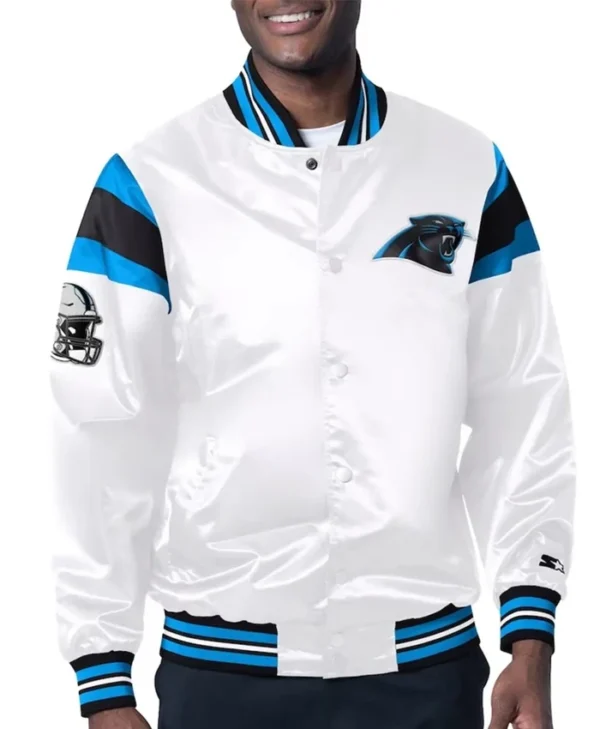 Mac Carolina Panthers White Satin Varsity Jacket