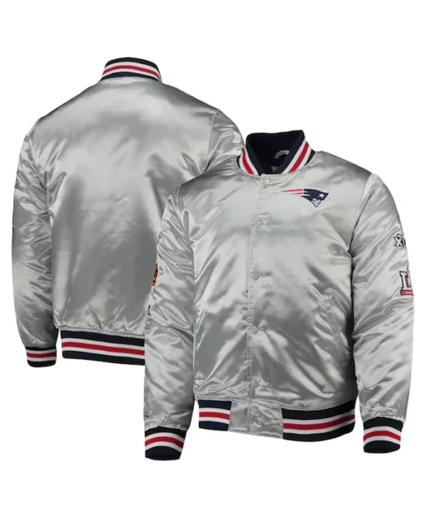 New England Patriots Jessamyn Silver Satin Varsity Jacket