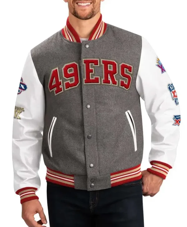 San Francisco 49ers Challenger Grey and White Varsity Jacket