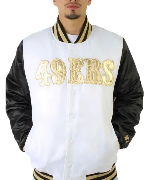 San Francisco 49ers Gold Patches Black and White Satin Jacket