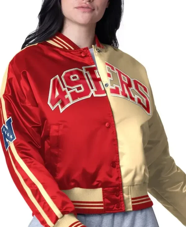 San Francisco 49ers Zone Blitz Scarlet and Gold Cropped Satin Jacket