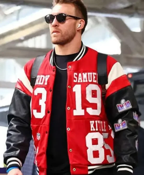 Super Bowl 2024 49ers Kyle Juszczyk Red Varsity Jacket