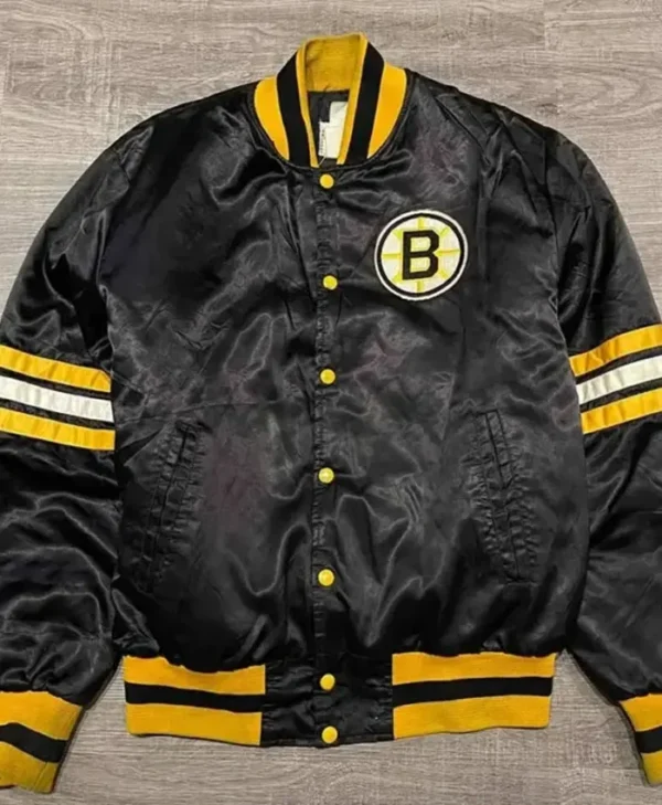 Boston Bruins 80s Black Satin Letterman Varsity Jacket