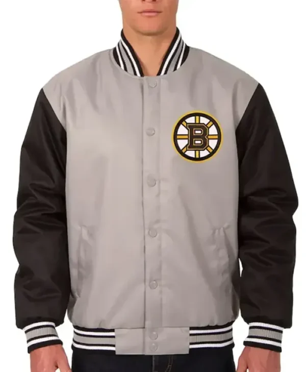 Boston Bruins Black And Gray Poly Letterman Varsity Jacket