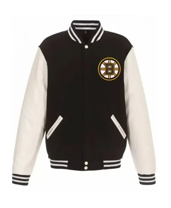 Boston Bruins White And Black Wool Letterman Varsity Jacket