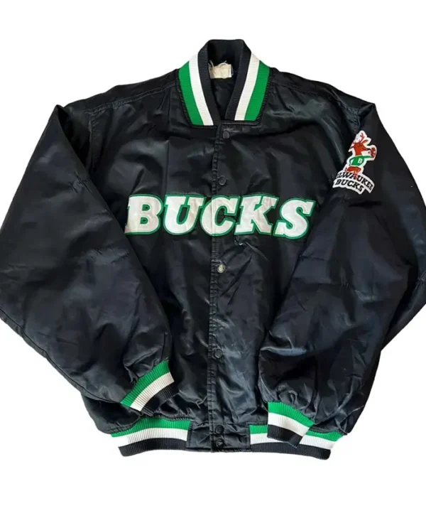 Milwaukee Bucks 90s Black Satin Varsity Jacket