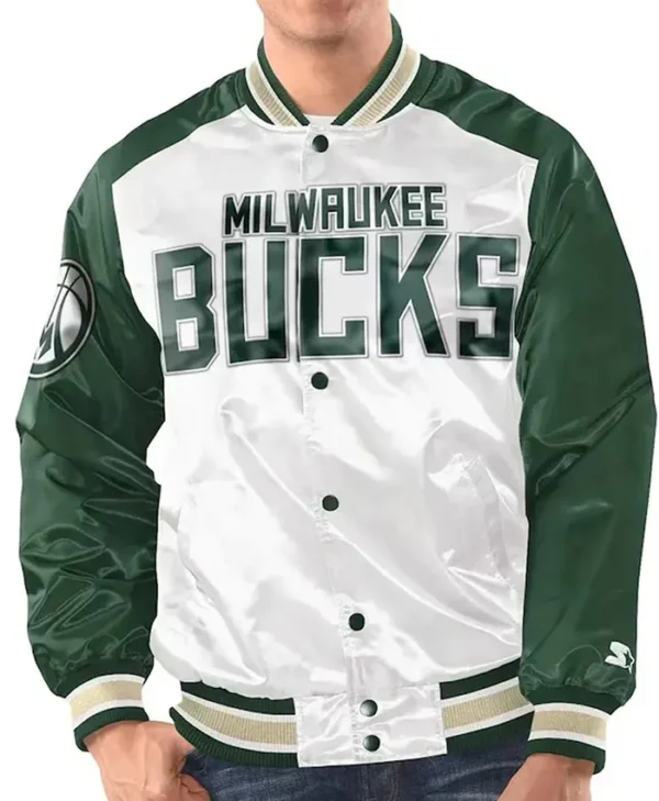 Milwaukee Bucks White And Green Renegade Satin Varsity Jacket