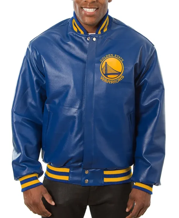 NBA Warriors Navy Blue Bomber Leather Jacket