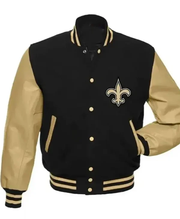 New Orleans Saints Beige And Black Varsity Jacket