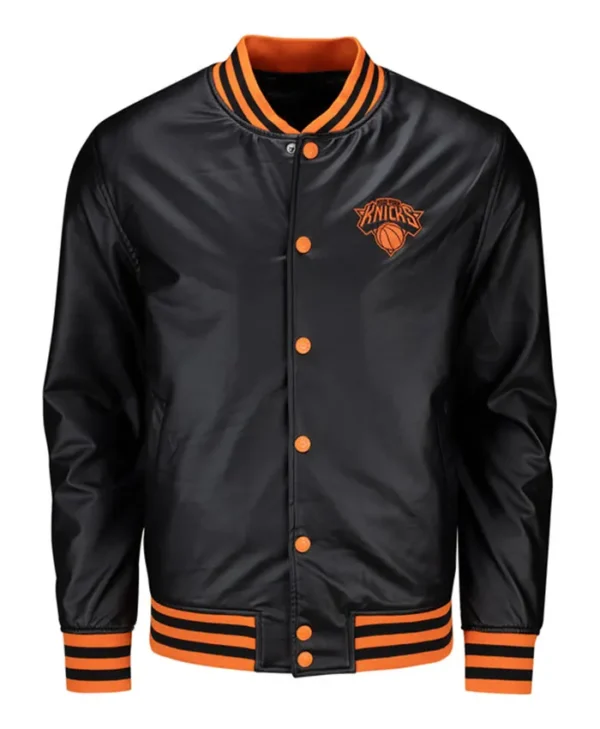 New York Knicks Black And Orange Satin Varsity Jacket