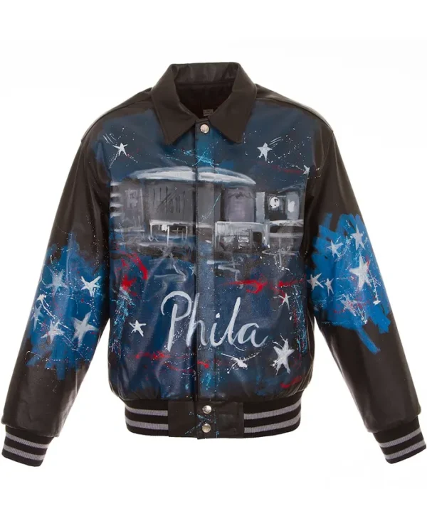 Philadelphia 76ers Black Leather Varsity Jacket