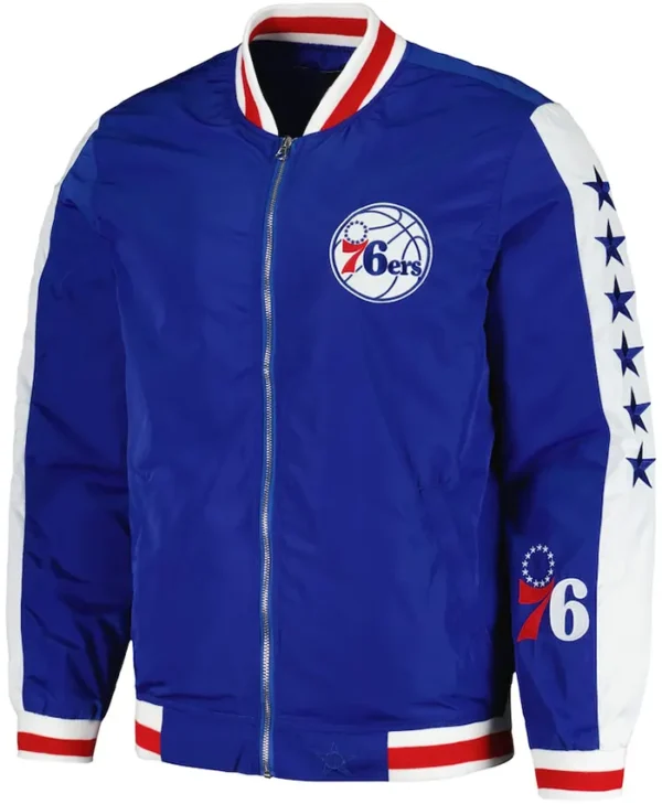 Philadelphia 76ers Royal Blue Satin Zip Bomber Jacket