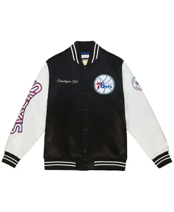 Philadelphia 76ers Satin Black And White Varsity Jacket