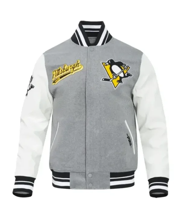 Pittsburgh Penguins Grey And White Letterman Varsity Jacket