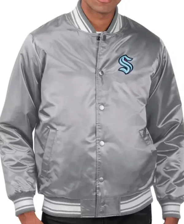 Seattle Kraken Grey Varsity Full Snap Satin Jacket